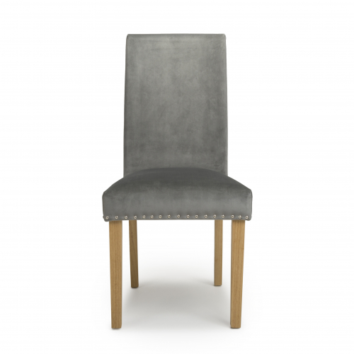 Randall Stud Detail Brushed Velvet Grey Dining Chair in Natural Legs
