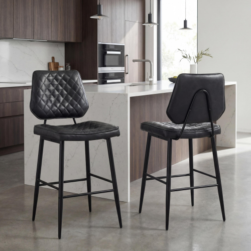Garrick Real Leather Black Bar Stool