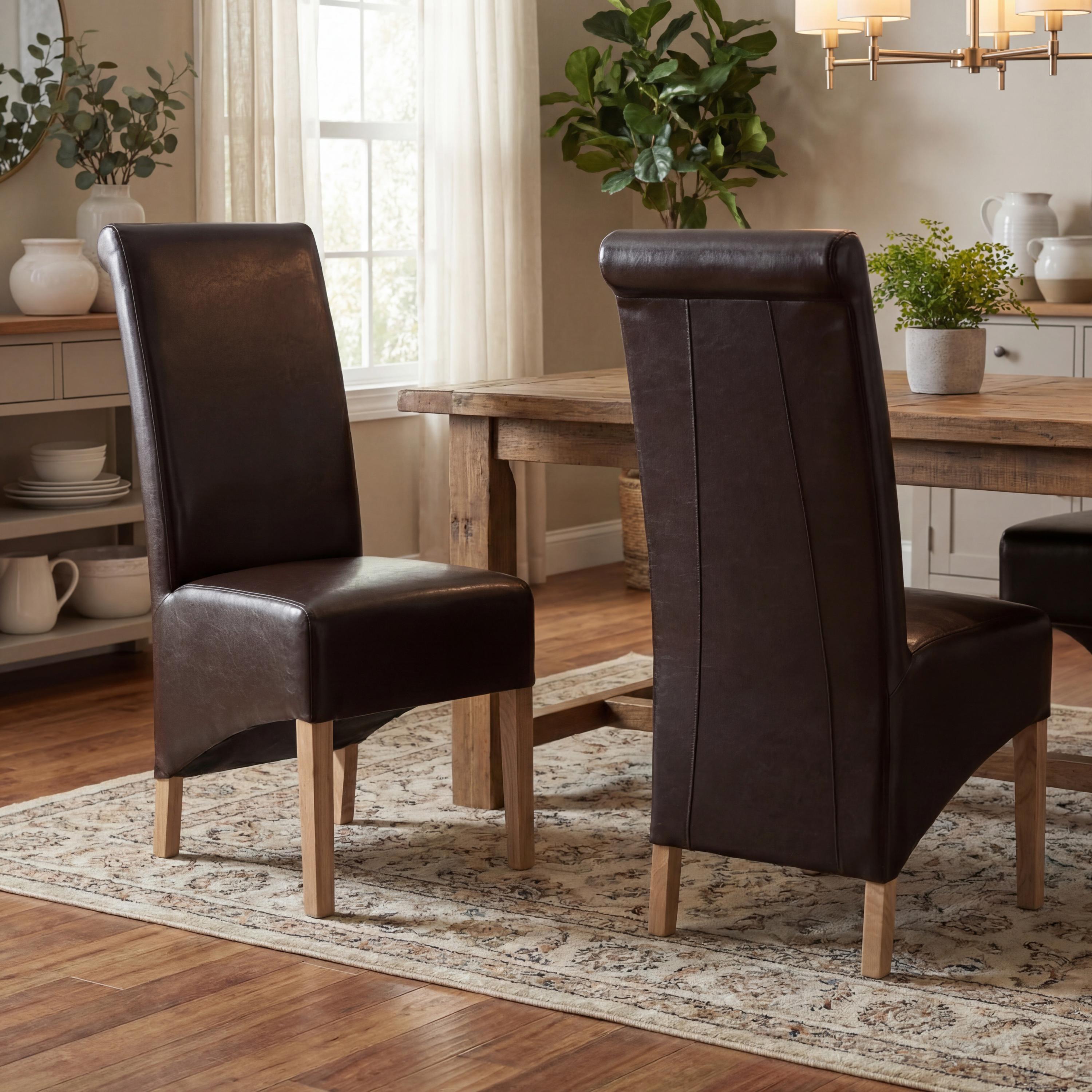 Krista Roll Back Bonded Leather Brown Dining Chair